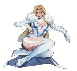 1girl blonde_hair blue_eyes boots breasts cape cleavage corset elbow_gloves emma_frost full_body gloves highres jewelry large_breasts long_hair looking_at_viewer marvel smerfols solo thigh_boots thighs twitter_username white_background white_boots white_cape white_corset x-men