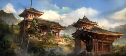 architecture blue_sky building cloud east_asian_architecture flaviobolla grass hill mountainous_horizon no_humans original painterly scenery sky stairs tree