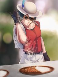 10s 1boy backpack bag belt blurry commentary_request curry depth_of_field food genderswap genderswap_(ftm) hat hat_feather highres kaban_(kemono_friends) kemono_friends meme red_shirt salt salt_bae_(meme) shirt sunglasses yudough