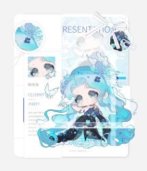 1girl absurdly_long_hair arm_ribbon bare_shoulders bird black_choker black_dress black_ribbon blue_dress blue_eyes blue_flower blue_hair border chibi chinese_commentary chinese_text choker close-up commentary_request commission coral_hair_ornament dove dress eeeestella english_text expressionless eyelashes flower frilled_dress frills gown grey_border hair_flower hair_ornament head_tilt highres layered_dress light_blush long_dress long_hair looking_at_another mixed-language_text nikki_(series) outside_border outstretched_hand paperclip parted_bangs parted_lips purple_flower ribbon sample_watermark shell_hair_ornament shining_nikki solo standing strapless strapless_dress tareme very_long_hair watermark wavy_hair whales_toward_sea_(shining_nikki) white_background zoom_layer