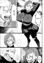 Rule 34 | 1boy, 1girl, absurdres, breasts, commentary, english commentary, english text, evil grin, evil smile, facial tattoo, greyscale, grin, highres, huge breasts, itadori yuuji, jujutsu kaisen, kugisaki nobara, left-to-right manga, loafers, monochrome, multiple scars, nesz r, pantyhose, pencil skirt, possessed, possession, ringed eyes, ryoumen sukuna (jujutsu kaisen), scar, scar on face, school uniform, shoes, short hair, skirt, smile, smirk, speech bubble, tattoo, teeth, torn clothes, torn pantyhose
