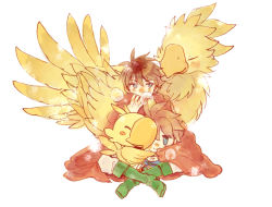 1boy alternate_size bartz_klauser blue_eyes blue_tunic blush boco boots brown_hair cape chibi chocobo dissidia_final_fantasy final_fantasy final_fantasy_v heavy_breathing hug multiple_boys red_cape simple_background sitting sitting_on_lap sitting_on_person tunic udonnigu world_of_final_fantasy
