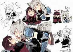 Rule 34 | 2girls, animal ears, armor, belt, blush, cape, chinese commentary, closed eyes, closed mouth, commentary request, fang, gauntlets, girls band cry, girls band cry rpg, grey eyes, grey hair, halo, holding, holding sword, holding weapon, iseri nina, kawaragi momoka, kemonomimi mode, long hair, looking at another, multiple girls, one eye closed, open mouth, red brooch, red cape, red hair, short twintails, simple background, smile, squatting, sword, tail, tongue, tongue out, twintails, watermark, weapon, white background, wolf ears, wolf girl, wolf tail, xunyu (manyu)