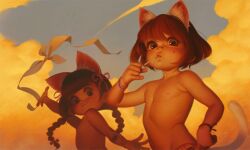 2girls alkemanubis animal_ears braid brown_hair candy cat_ears cat_girl cloud fake_animal_ears flat_chest food highres loli lollipop lollipop_in_mouth long_hair looking_at_viewer multiple_girls original short_hair sky topless_female twin_braids upper_body