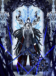 1girl absurdres animal animal_on_head bird black_hair boots crown dress fractal full_body highres holding holding_weapon horns huge_weapon looking_down multicolored_hair on_head original partially_shaded_face penguin riz_kira smile solo staff sword two-tone_hair weapon white_hair