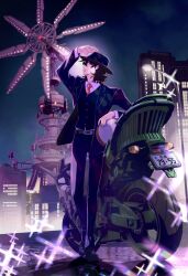 1boy belt black_hair city fuuto_(city) fuuto_tantei hardboilder hat hidari_shoutarou highres holding jacket kamen_rider kamen_rider_w long_sleeves male_focus motor_vehicle motorcycle necktie official_art pants sato_masaki_(masayakofu) shirt short_hair sky smile solo tokusatsu vest
