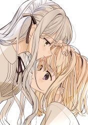 2girls bang_dream! bang_dream!_it&#039;s_mygo!!!!! black_ribbon blonde_hair blue_hair blush ccc_cloudy closed_mouth commentary_request hair_ribbon hand_in_another&#039;s_hair hand_on_another&#039;s_head highres kiss kissing_forehead long_hair medium_hair misumi_uika multiple_girls neck_ribbon parted_lips purple_eyes ribbon shirt simple_background smile tears togawa_sakiko two_side_up white_background white_shirt yellow_eyes yuri