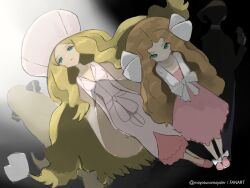 1boy 2girls blonde_hair bow brown_hair caitlin_(pokemon) cape closed_mouth commentary_request cynthia_(pokemon) darach_(pokemon) dress green_eyes hair_ornament hair_ribbon holding jacket long_hair looking_at_viewer mayotsunamayo multicolored_hair multiple_girls nintendo pants pink_dress pink_shoes pokemon pokemon_bw pokemon_dppt pokemon_platinum ribbon see-through_cape shoes short_hair sidelocks twitter_username two-tone_hair v-neck white_bow white_dress white_jacket white_ribbon