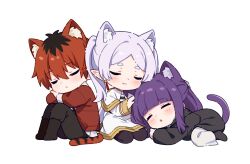 animal_ears black_boots black_pants black_pantyhose black_robe boots capelet cat_ears cat_girl cat_tail chibi chibi_only closed_eyes closed_mouth colored_inner_animal_ears commentary english_commentary fern_(sousou_no_frieren) frieren hitsukuya long_hair long_sleeves lying on_side pants pantyhose purple_hair red_hair red_shirt robe shirt short_hair sidelocks simple_background sitting sleeping smile sousou_no_frieren stark_(sousou_no_frieren) tail twintails white_background white_capelet white_hair white_robe