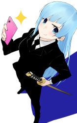 1girl absurdres blue_eyes blue_hair from_above highres jujutsu_kaisen miwa_kasumi phone smile tagme tochi_keisuke
