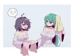 2girls ahoge aroused_nosebleed blood blush breasts brown_eyes cleavage closed_mouth covered_erect_nipples cropped_torso drying drying_hair drying_own_hair fang from_side green_hair hair_between_eyes hanabishi_haruka heart heart_ahoge highres hiiragi_utena holding holding_towel long_hair looking_at_another mahou_shoujo_ni_akogarete medium_breasts mimyung00 multiple_girls naked_robe nosebleed open_mouth purple_hair red_eyes robe simple_background smile spoken_expression towel very_long_hair wet wet_clothes