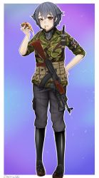 1girl akm ammunition_belt ammunition_pouch artist_name assault_rifle black_boots black_pants black_scarf blush boots border braid brown_eyes camouflage camouflage_jacket closed_mouth commentary commission darkpulsegg eating english_commentary food full_body girls_und_panzer grey_hair gun hand_on_own_hip highres holding holding_food holding_pizza holster jacket kalashnikov_rifle knife_sheath lips looking_at_viewer pants patch pepperoni_(girls_und_panzer) pizza pizza_slice pouch rifle rubber_boots scarf sheath short_hair shoulder_holster shoulder_patch simple_background sleeves_rolled_up solo standing weapon weapon_request white_border