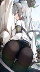 1girl absurdres ahoge anus anus_peek armband ass black_armband black_horns black_panties black_pants breasts can clothes_pull commentary cowboy_shot curled_horns drink_can from_behind grey_hair hashtag-only_commentary highres horns indoors large_breasts long_hair looking_at_viewer looking_back multicolored_hair open_mouth panties panties_under_pantyhose pants pants_pull pantyhose partially_visible_vulva pen red_eyes ryeon_(naturesan) shirt solo streaked_hair thighband_pantyhose underwear white_shirt wuthering_waves zani_(wuthering_waves)