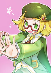 Rule 34 | 1girl, :d, bianca (champion) (pokemon), bianca (pokemon), blonde hair, cape, glasses, green cape, green eyes, green hat, green shirt, hat, highres, long sleeves, looking at viewer, meta-g (curc8737), nintendo, official alternate costume, open mouth, pink background, pokemon, pokemon masters ex, red-framed eyewear, shirt, short hair, smile, solo, upper body