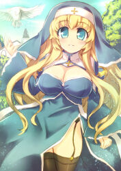 1girl bird black_thighhighs blonde_hair blue_coif blue_dress blue_sky blush breasts cleavage cloud commentary_request cowboy_shot day dove dress garter_straps grin hano_yukari large_breasts long_hair long_sleeves looking_at_viewer nun original outdoors side_slit sky smile solo thighhighs tree white_bird wide_sleeves