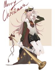 1boy absurdres alternate_costume ascot black_shoes black_shorts c8h11o2n cape chinese_commentary closed_mouth collared_shirt commentary_request curtained_hair english_text full_body green_shirt grey_socks hand_on_own_forehead hat hat_bell hatsutori_hajime highres holding holding_instrument horn_(instrument) instrument kneehighs legwear_garter long_hair long_sleeves male_focus merry_christmas parted_bangs pink_hair red_ascot red_cape red_eyes red_ribbon ribbon saibou_shinkyoku shirt shoes shorts sleeve_cuffs socks solo very_long_hair vest white_vest