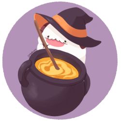 7mb_yut :p black_eyes grey_background hat holding horns league_of_legends no_humans poro_(league_of_legends) pot purple_background solo tongue tongue_out twitter_username witch_hat
