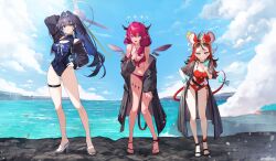 Rule 34 | 3girls, :d, absurdres, animal ears, artist request, asymmetrical wings, bikini, black coat, black collar, black hair, black jacket, blue eyes, blue hair, blue one-piece swimsuit, blue sky, bow, breasts, bright pupils, chain, chain headband, character name, cleavage cutout, clothing cutout, cloud, coat, collar, colored inner hair, colored tips, commentary, commentary request, crystal wings, day, detached wings, english text, eyewear on head, feet, food, front-tie bikini top, front-tie top, full body, grin, hair between eyes, hair intakes, hair over shoulder, hakos baelz, hakos baelz (holonatsu paradise), halo, hand on own chest, hand on own hip, heterochromia, high heel sandals, high heels, highres, holding, holding food, holding popsicle, hololive, hololive english, holonatsu paradise, holopromise, horizon, indonesian commentary, irys (hololive), irys (holonatsu paradise) (hololive), jacket, jewelry, large breasts, layered bikini, leaning forward, low ponytail, mechanical halo, medium breasts, mismatched wings, mouse ears, mouse girl, mouse tail, mr. squeaks (hakos baelz), multicolored hair, multiple girls, necklace, o-ring, o-ring bikini, off shoulder, official alternate costume, official alternate hairstyle, official art, one-piece swimsuit, open clothes, open jacket, open mouth, ouro kronii, ouro kronii (holonatsu paradise), outdoors, pink eyes, pointy ears, ponytail, popsicle, purple bikini, purple hair, red hair, red one-piece swimsuit, sandals, scrunchie, second-party source, side-tie one-piece swimsuit, sky, smile, smoke, spiked collar, spikes, standing, star-shaped pupils, star (symbol), stone floor, streaked hair, sunglasses, swimsuit, symbol-shaped pupils, tail, tail bow, tail ornament, thigh strap, virtual youtuber, volcano, white hair, white pupils, wings, wrist scrunchie
