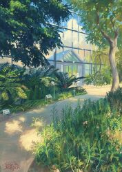 1girl absurdres blue_sky cloud commentary_request day exit_sign grass greenhouse highres long_hair original outdoors plant scenery sign signature sky solo sugita_magari sunlight tree very_wide_shot