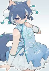 1boy animal_ears bandaid bandaid_on_face blue_dress blue_eyes blue_hair cat_ears china_dress chinese_clothes double_bun dress frog_button hair_bun highres indie_virtual_youtuber jacequilart lolita_fashion mandarin_collar nyaonix qi_lolita trap utau virtual_youtuber