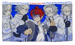 Rule 34 | 5boys, :&gt;, :o, ahoge, aotsuki eito, black gloves, black streaks, blue background, blue eyes, blue jacket, border, character name, clenched hand, clone, drawstring, facing another, glasses, gloves, grabbing another&#039;s arm, grey eyes, grey hair, grey jacket, hand on own chest, hand on own chin, hand on own elbow, hands up, hashtag-only commentary, highres, hood, hoodie, jacket, looking at another, male focus, multicolored hair, multicolored jacket, multiple boys, nervous sweating, open clothes, open jacket, ransuteeki, red hair, scared, short hair, simple background, smile, spoilers, streaked hair, sumino takumi, sweat, sweatdrop, the hundred line -last defense academy-, triangle mouth, two-tone jacket, upper body, white border, white hoodie, white jacket, zipper