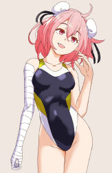 1girl ahoge bandaged_arm bandages breasts bun_cover covered_navel cowboy_shot double_bun grey_background groin hair_between_eyes hair_bun head_tilt highres ibaraki_kasen jack_(wkm74959) looking_at_viewer one-hour_drawing_challenge one-piece_swimsuit open_mouth pink_eyes pink_hair short_hair simple_background solo swimsuit touhou