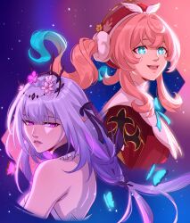 Rule 34 | 2girls, absurdres, bare back, bare shoulders, black tiara, blue eyes, bright pupils, castorice (honkai: star rail), chalseu, commentary, flower, hair flower, hair ornament, hat, highres, honkai: star rail, honkai (series), hyacine (honkai: star rail), long hair, looking at viewer, multiple girls, parted lips, pink flower, pink hair, purple eyes, purple hair, purple lips, red hat, tiara, white pupils