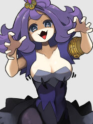 1girl acerola_(pokemon) aged_up armlet black_dress blue_eyes breasts cleavage collarbone cowboy_shot dress eyebrows female_focus grey_dress hands_up jewelry kamuruchii large_breasts looking_at_viewer multicolored_dress nintendo open_mouth pokemon pokemon_sm purple_dress purple_hair shaded_face short_sleeves simple_background solo standing white_background wide_hips