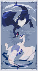 blue_background border closed_mouth colored_sclera creatures_(company) dark_persona english_text eye_contact fang game_freak gen_2_pokemon grey_border highres iogi_(iogi_k) legendary_pokemon looking_at_another lugia nintendo no_humans open_mouth pink_eyes pink_sclera pokemon pokemon_(creature) pokemon_xd polar_opposites rotational_symmetry shadow_lugia skin_fang symmetry tongue tongue_out upside-down