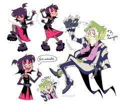 1boy 1girl :/ beetlejuice beetlejuice_(character) black_eyes black_footwear black_hair black_necktie black_skirt blonde_hair blue_socks breasts character_name cleavage collared_shirt colored_sclera colored_teeth dancing english_text eyeshadow fang fat fat_man fingernails formal_clothes green_teeth highres jacket kirukrono looking_at_viewer loose_necktie lydia_deetz makeup medium_hair motion_lines multicolored_jacket multiple_views necktie older_man_and_younger_girl open_mouth pale_skin pants purple_eyeshadow salute shirt simple_background skirt smile socks striped_suit suit thighhighs toon_(style) two-tone_jacket two-tone_pants white_background white_shirt yellow_sclera