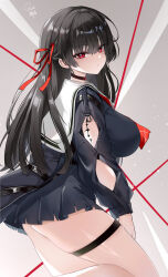 1girl absurdres arm_cutout artist_name black_choker black_hair black_shirt black_skirt blush breasts bright_pupils chisa_(wuthering_waves) choker from_side grey_background hair_ribbon highres large_breasts long_hair long_sleeves looking_at_viewer mole mole_under_eye neckerchief red_eyes red_neckerchief red_ribbon ribbon sailor_collar school_uniform serafuku shirt sia233333 sideways_glance skirt solo tacet_mark_(wuthering_waves) thick_thighs thigh_strap thighs very_long_hair white_pupils white_sailor_collar wuthering_waves