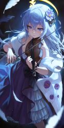 1girl absurdres azusa_(blue_archive) blue_archive blue_eyes bow_(music) breasts commentary_request cowboy_shot crescent_halo dress feather_boa feathered_wings flower hair_flower hair_ornament halo highres holding holding_bow_(music) holding_instrument holding_violin instrument long_hair low_wings medium_breasts muna_1414 music playing_instrument purple_dress purple_flower solo violin white_wings wings yellow_halo