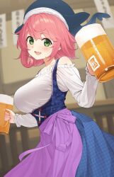 1girl alcohol apron bar_(place) bare_shoulders barmaid beer beer_mug blue_headwear blue_skirt blue_vest collarbone commentary_request cross-laced_clothes cup foam frilled_shirt_collar frills german_clothes green_eyes happy highres holding holding_cup indoors kanpa_(campagne_9) long_sleeves mug off-shoulder_shirt off_shoulder okunoda_miyoi open_mouth pink_hair purple_apron shirt skirt solo touhou underbust upper_body vest waist_apron whale_hat white_shirt