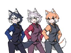 3girls :3 alternate_costume animal_ears armband belt black_hair black_necktie black_pants black_vest blue_eyes brown_eyes cerberus_(helltaker) cerberus_(helltaker)_(cosplay) closed_mouth collared_shirt commentary cosplay dog_(mixed_breed)_(kemono_friends) dog_(shiba_inu)_(kemono_friends) dog_ears dog_girl dog_tail fang grey_hair grey_pants grey_vest grin hair_between_eyes hands_on_own_hips helltaker highres kemono_friends kemono_friends_3 km9kcaxsbjnmmyw legs_apart long_sleeves looking_at_viewer medium_hair multicolored_hair multiple_girls necktie open_mouth orange_hair orange_shirt pants parody purple_pants purple_vest shirt siberian_husky_(kemono_friends) simple_background smile standing symbol-only_commentary tail two-tone_hair vest white_hair wing_collar yellow_eyes