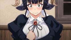 1boy 1girl 2025 20s ajin_ga_osuki_nan_desu_ne animal_ears animated animated_gif black_hair blouse blush braid breasts brooch cloven_hooves collared_shirt covered_erect_nipples dress eyelashes eyeliner eyeshadow frills furry goat goat_ears goat_eyes goat_girl goat_horns horns jewelry large_breasts lowres maid maid_headdress makeup maya_(ajin_ga_osuki_nan_desu_ne) mole monster_girl puffy_sleeves queen_bee ribbon shirt tagme wing_collar