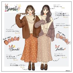 2girls bambi_(disney) bambi_(movie) braid brown_hair character_name faline flower genderswap headband humanization long_hair meecosme multiple_girls nail_polish open_mouth polka_dot simple_background skirt smile twin_braids