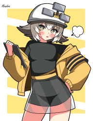 1girl absurdres arknights artist_name black_outline black_shirt black_skirt blush border breasts bright_pupils cement_(arknights) commentary_request contrapposto cowboy_shot grey_hair hair_between_eyes hand_on_own_hip helmet hendra highres holding jacket long_sleeves looking_at_viewer miniskirt multicolored_hair off_shoulder open_mouth outline outside_border partial_commentary puff_of_air shirt short_hair signature skirt solo standing streaked_hair sweat white_border white_hair white_pupils yellow_background yellow_eyes yellow_jacket