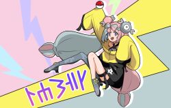 1girl :d black_shorts bow-shaped_hair character_hair_ornament full_body grey_shirt grey_shoes hair_ornament happy highres iono_(pokemon) jacket multicolored_hair nagimda_(fspc4448) nintendo open_mouth pokemon pokemon_sv purple_eyes shirt shoes shorts single_leg_pantyhose sleeveless sleeveless_shirt smile solo star_(symbol) star_print teeth thigh_strap tongue twintails two-tone_hair upper_teeth_only yellow_jacket