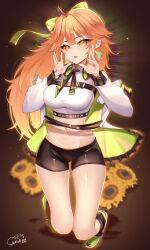 1girl absurdres bike_shorts black_shorts blurry blurry_background breast_strap breasts center-flap_bangs collared_shirt colored_inner_hair commentary crop_top cropped_shirt double-parted_hair feathers flower full_body gradient_hair green_feathers green_hair green_shoes hand_up hands_up headphones headphones_around_neck highres hololive hololive_english jacket kneeling long_hair looking_at_viewer maka_aratame medium_breasts midriff multicolored_hair nail_polish navel off_shoulder official_alternate_costume open_clothes open_jacket open_mouth orange_hair orange_nails purple_eyes shirt shoes short_shorts shorts sneakers solo sparks_(takanashi_kiara) sunflower takanashi_kiara very_long_hair virtual_youtuber white_jacket white_shirt