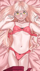 1girl absurdres ahoge alternate_hairstyle bed_sheet bra breasts glasses hair_down highres kantai_collection long_hair lying makigumo_(kancolle) ojipon on_back open_bra panties pink_hair red_bra red_panties skirt small_breasts solo underwear underwear_only unworn_skirt very_long_hair