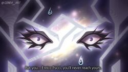 Rule 34 | 1boy, bloodshot eyes, close-up, colored eyelashes, english text, enrico pucci, fake screenshot, genda art, highres, jojo no kimyou na bouken, long eyelashes, male focus, purple eyes, solo, stone ocean, subtitled, sweat, twitter username, white eyelashes, wide-eyed