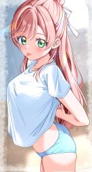 Rule 34 | 1girl, blue panties, bow, breasts, brown hair, cowboy shot, green eyes, hair bow, highres, hirogaru sky! precure, indoors, kakikakilemon, large breasts, locker, locker room, long hair, looking at viewer, nijigaoka mashiro, panties, precure, removing bra under shirt, shirt, smile, underwear, white shirt
