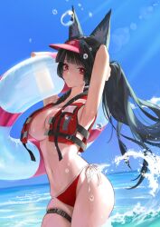 1girl absurdres animal_ears armpits arms_up belt bikini black_hair blue_sky breasts fox_ears fox_girl hashtag-only_commentary highres holding holding_swim_ring hoshimi_miyabi innertube large_breasts lifebuoy lifeguard long_hair mumu_0221 navel ocean outdoors red_bikini red_eyes sky solo stomach swim_ring swimsuit thigh_belt thigh_strap thighs visor_cap zenless_zone_zero