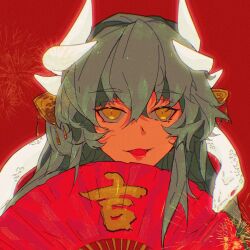1girl fate/grand_order fate_(series) green_hair hand_fan highres kiyohime_(fate) looking_at_viewer orange_eyes portrait red_background snake solo yinggu