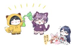 ._. 4girls :d aged_down animal_ears animal_hood black_hair blunt_bangs brown_shoes cat_ears cat_girl cat_tail cerise_bouquet chibi chibi_only d: flower flying_sweatdrops fox_ears fox_girl fox_hood fox_tail grey_shorts hair_bun hair_flower hair_ornament half_updo hanamiya_nina_(style) hinoshita_kaho holding holiday_holiday_(love_live!) holiday_holiday_(tenko)_(love_live!) hood hood_up hoodie ishikawa_prefecture kanazawa_(city) link!_like!_love_live! long_hair love_live! momose_ginko moso_(expect66) multiple_girls murano_sayaka official_alternate_costume open_mouth otomune_kozue pants purple_shoes rabbit_ears rabbit_girl rabbit_hair_ornament red_flower shoes short_hair shorts side_ponytail simple_background single_side_bun smile standing tail translated two_side_up v-shaped_eyebrows virtual_youtuber white_background yellow_hoodie yellow_pants |_|