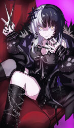 1girl black_boots black_choker black_dress black_eyeliner black_eyeshadow black_hair black_jacket black_nails boots breasts chain choker cleavage coat dress emo_fashion eyelashes eyeliner eyeshadow fur-trimmed_coat fur_collar fur_trim gloves goth_fashion grey_hair hair_ornament highres holding holding_scissors hololive hololive_english jacket jewelry kikkasoon lace lace-trimmed_choker lace_choker lace_trim long_hair long_sleeves looking_at_viewer makeup medium_breasts multicolored_hair nail_polish open_clothes open_jacket ring scissors shiori_novella shiori_novella_(1st_costume) smile solo split-color_hair striped_arm_warmers striped_clothes striped_gloves thick_thighs thighs two-tone_hair virtual_youtuber white_hair yellow_eyes