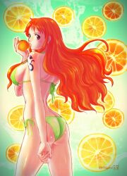1girl arm_tattoo ass bikini breasts commentary_request cowboy_shot food fruit green_bikini highres holding holding_food large_breasts long_hair looking_back mandarin_orange mandarin_orange_slice nami_(one_piece) one_piece orange_eyes orange_hair oregano551 sideboob sidelocks solo swimsuit tattoo underboob