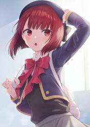 1girl :o absurdres arima_kana arm_up backlighting beret blue_hat blue_jacket blush bow collared_shirt commentary day dress_shirt grey_skirt hand_on_headwear hat highres indoors jacket open_clothes open_jacket oshi_no_ko parted_lips red_bow red_eyes red_hair shirt skirt solo sunlight sweater_vest white_shirt window yuusa