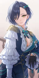 1girl asymmetrical_bangs asymmetrical_sleeves black_bow black_gloves black_hair black_pants black_vest bow cleavage_cutout clothing_cutout cowboy_shot earrings epaulettes feather_hair_ornament feathers frilled_shirt frilled_sleeves frills gloves green_bow hair_ornament half_gloves hayami_kanade highres idolmaster idolmaster_cinderella_girls jewelry lips looking_at_viewer mairo pants shirt short_hair solo vest white_shirt yellow_eyes