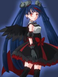 1girl black_dress black_thighhighs black_wings blue_eyes blue_hair bow closed_mouth commentary_request corruption cure_sky cure_sky_(dark) cut_bangs dark_persona detached_sleeves dress dress_bow earrings empty_eyes feathered_wings from_side frown gloves grey_gloves hair_ornament highres hirogaru_sky!_precure jewelry long_hair looking_at_viewer m12ki magical_girl multicolored_hair partial_commentary possessed possession precure puffy_detached_sleeves puffy_sleeves red_eyes red_hair short_dress single_wing skearhead sleeveless sleeveless_dress solo standing streaked_hair thighhighs twintails very_long_hair wing_hair_ornament wings